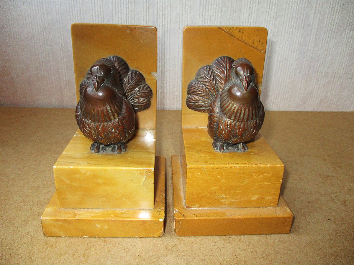 Beautiful Pair Of Bookends In Patinated Regula Bronze And Sienna Marble, Bookends.-photo-1