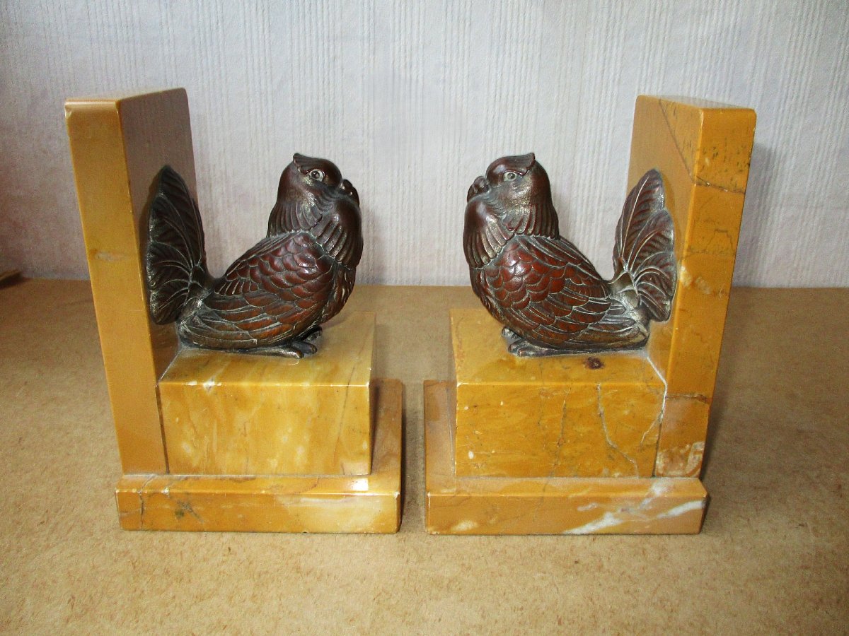 Beautiful Pair Of Bookends In Patinated Regula Bronze And Sienna Marble, Bookends.-photo-2