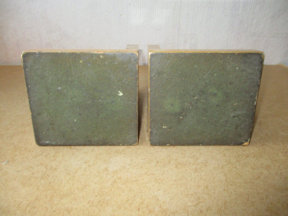 Beautiful Pair Of Bookends In Patinated Regula Bronze And Sienna Marble, Bookends.-photo-6