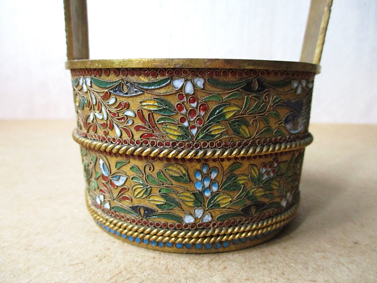 Small Confectionery Or Sugar Basket In Cloisonné Enamel On Bronze, Russian Silverware Late 19th Century-photo-2