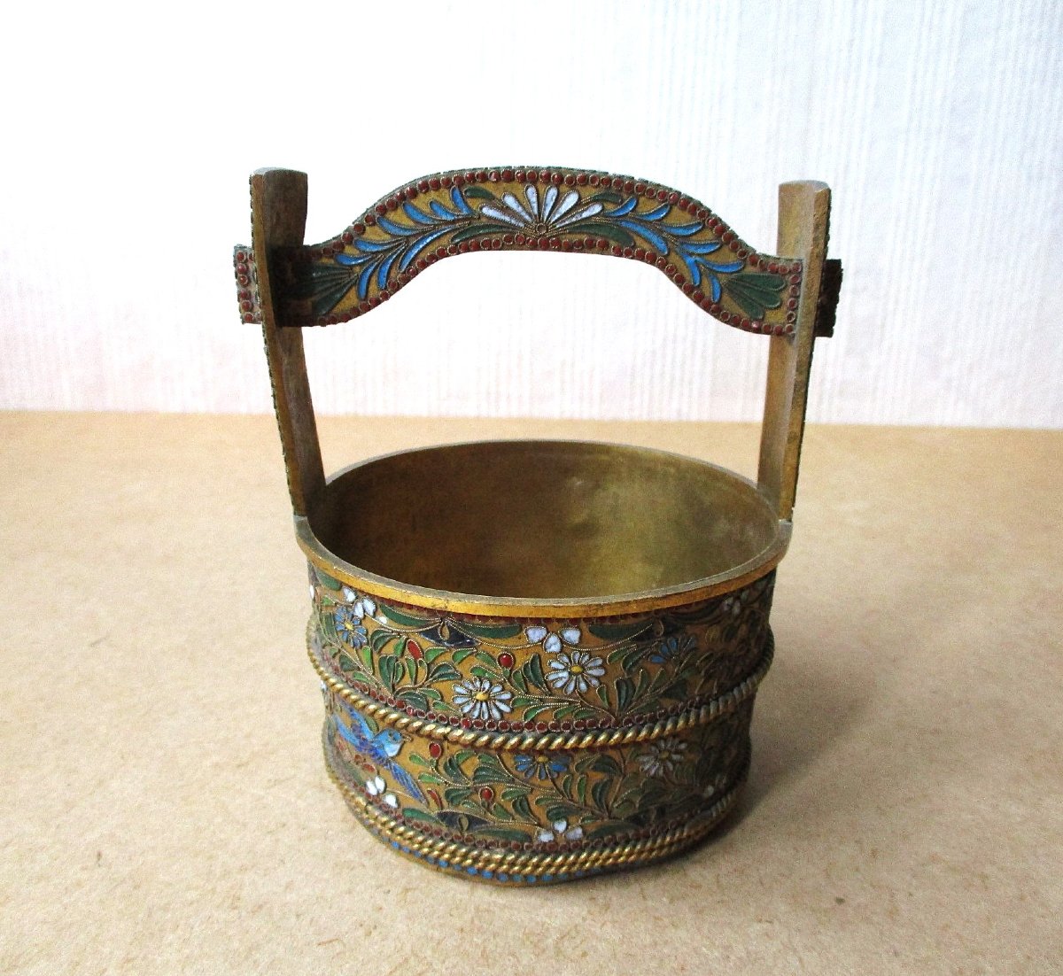 Small Confectionery Or Sugar Basket In Cloisonné Enamel On Bronze, Russian Silverware Late 19th Century-photo-1