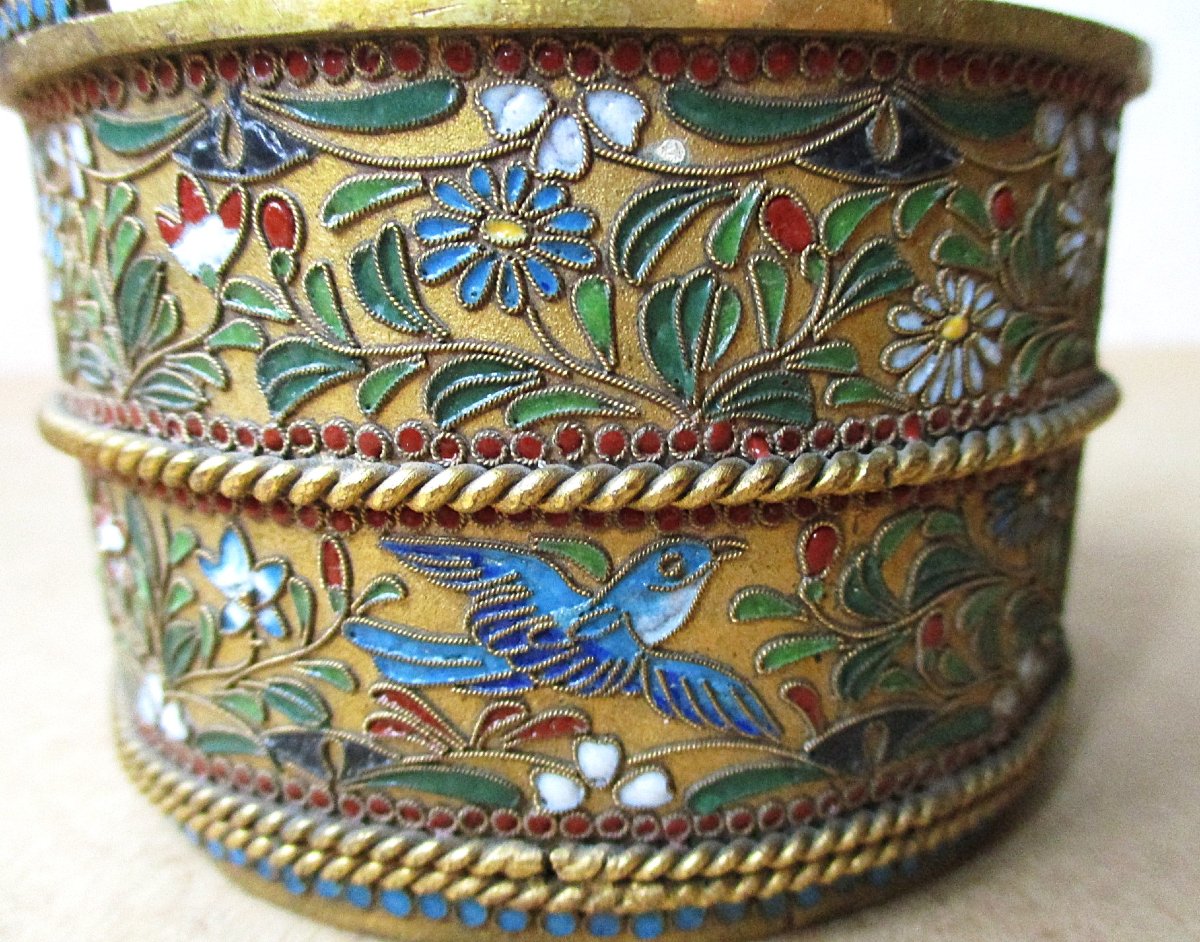 Small Confectionery Or Sugar Basket In Cloisonné Enamel On Bronze, Russian Silverware Late 19th Century-photo-5