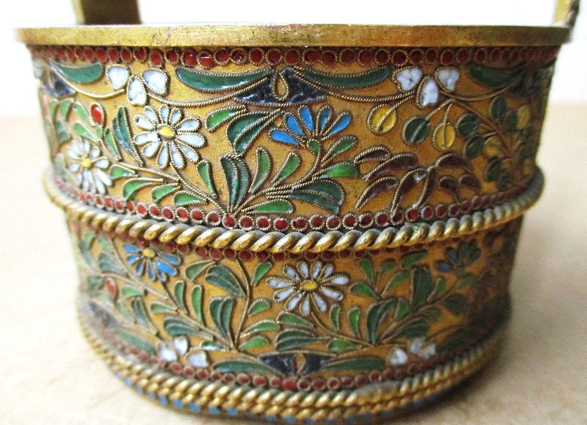 Small Confectionery Or Sugar Basket In Cloisonné Enamel On Bronze, Russian Silverware Late 19th Century-photo-6
