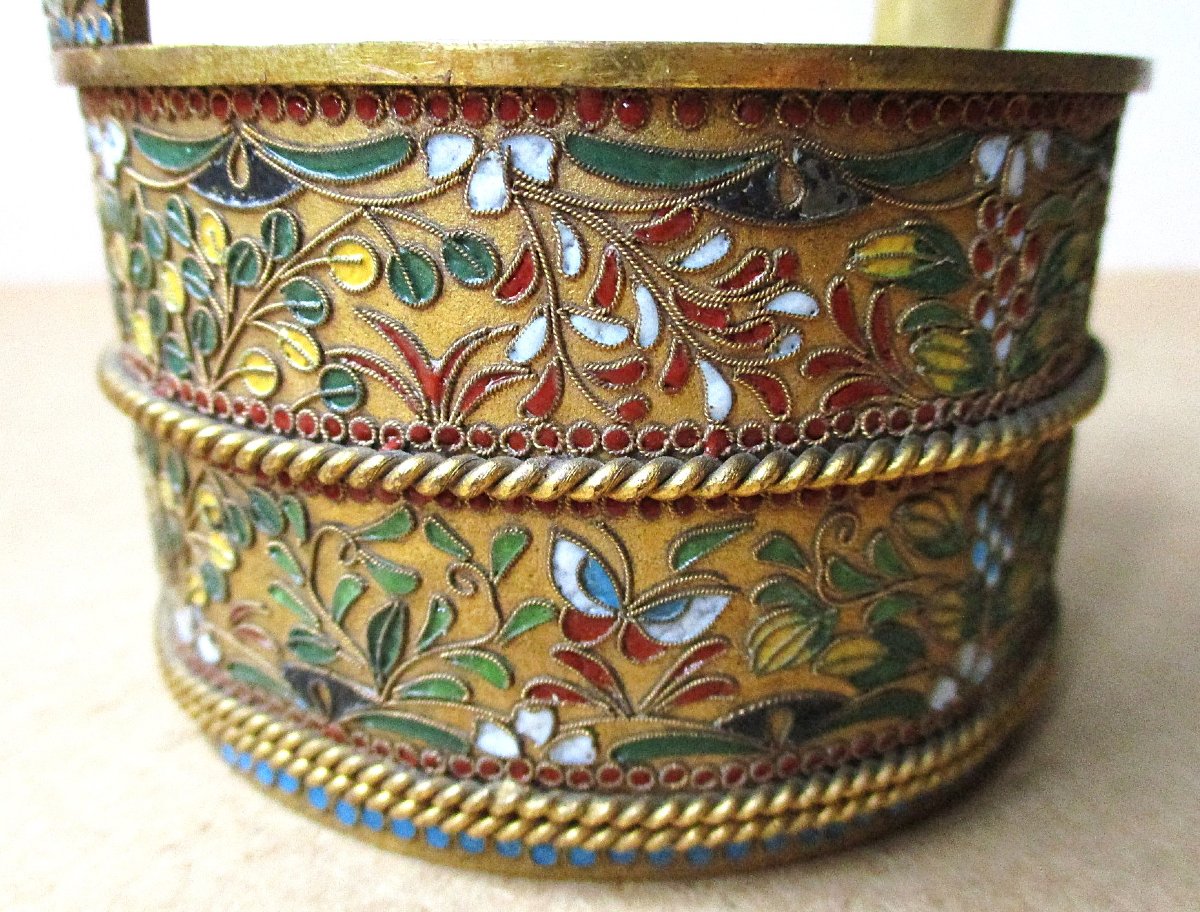 Small Confectionery Or Sugar Basket In Cloisonné Enamel On Bronze, Russian Silverware Late 19th Century-photo-7