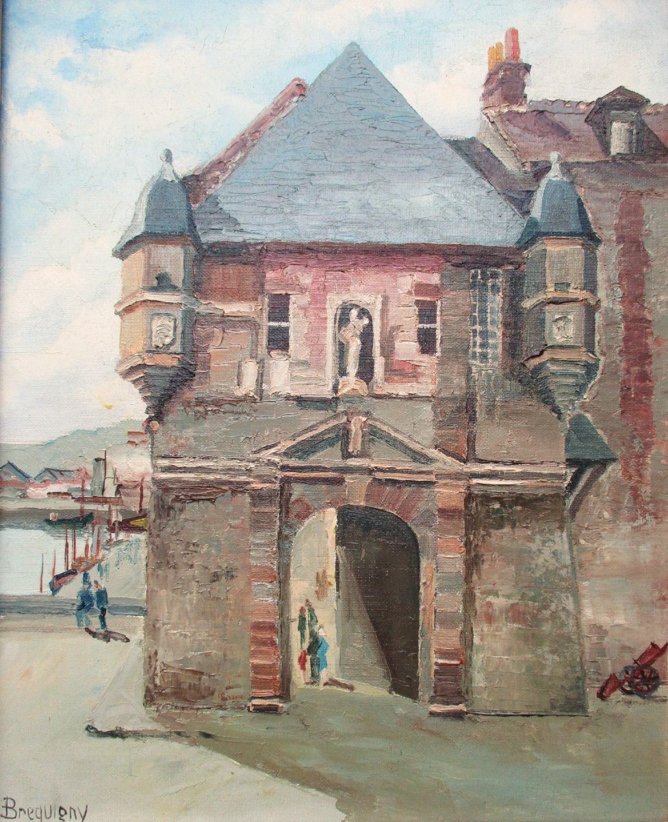 Claude Brequigny, Honfleur La Lieutenance Calvados Normandie huile sur toile beau tableau signé-photo-3