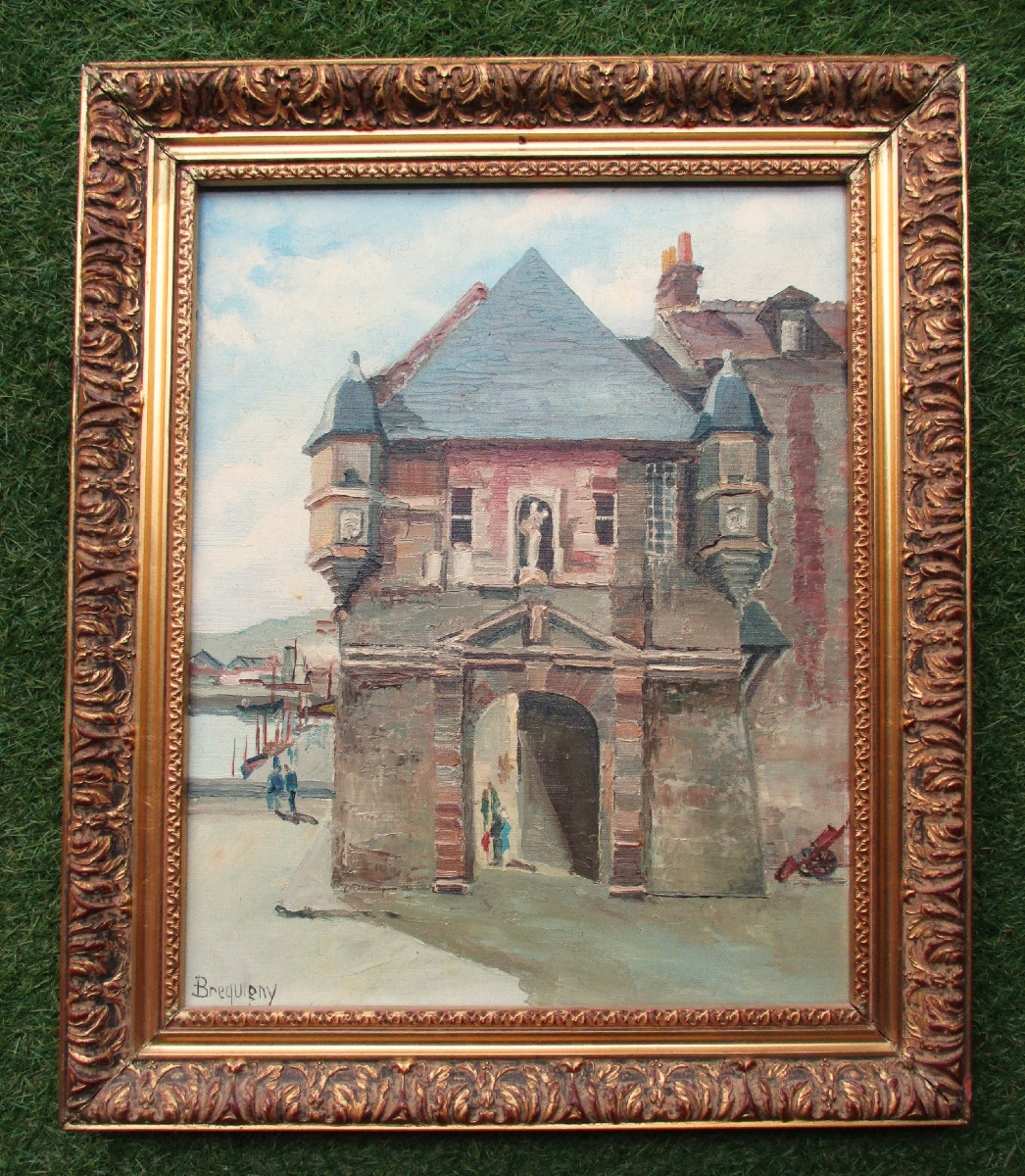 Claude Brequigny, Honfleur La Lieutenance Calvados Normandie huile sur toile beau tableau signé