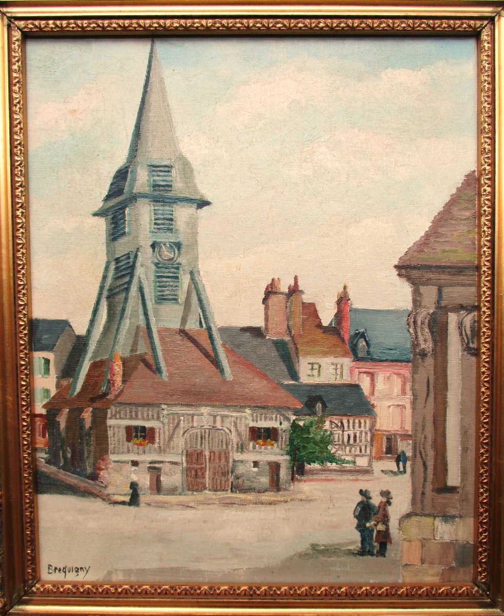 Claude Brequigny, Honfleur église Sainte Catherine Normandie huile sur toile beau tableau signé-photo-2