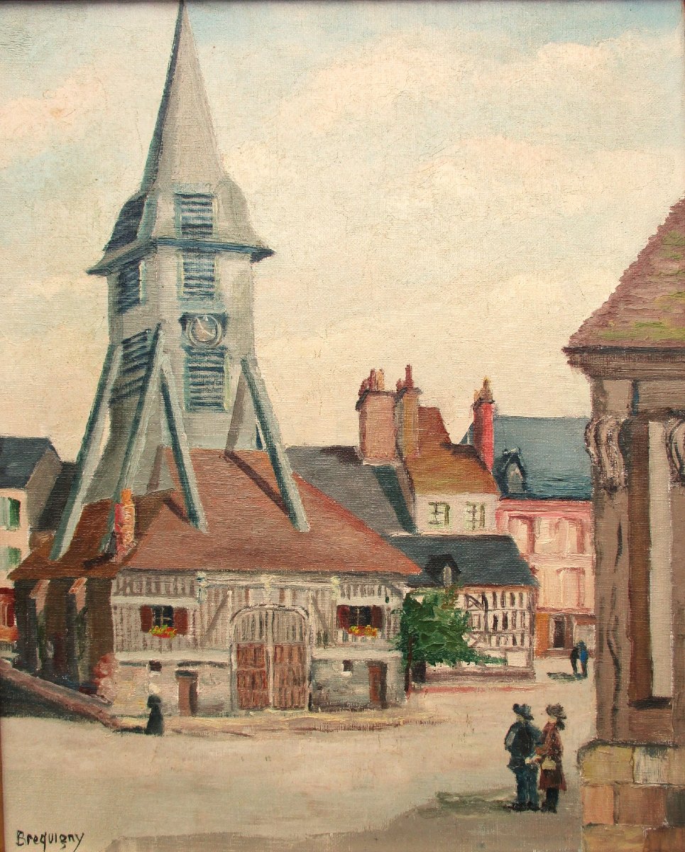 Claude Brequigny, Honfleur église Sainte Catherine Normandie huile sur toile beau tableau signé-photo-3