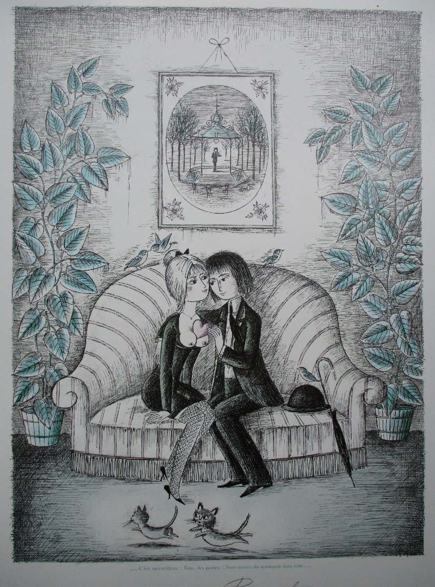 Raymond Peynet Lithograph Signed And Numbered Les Amoureux De Valence Tableau 1985.-photo-2