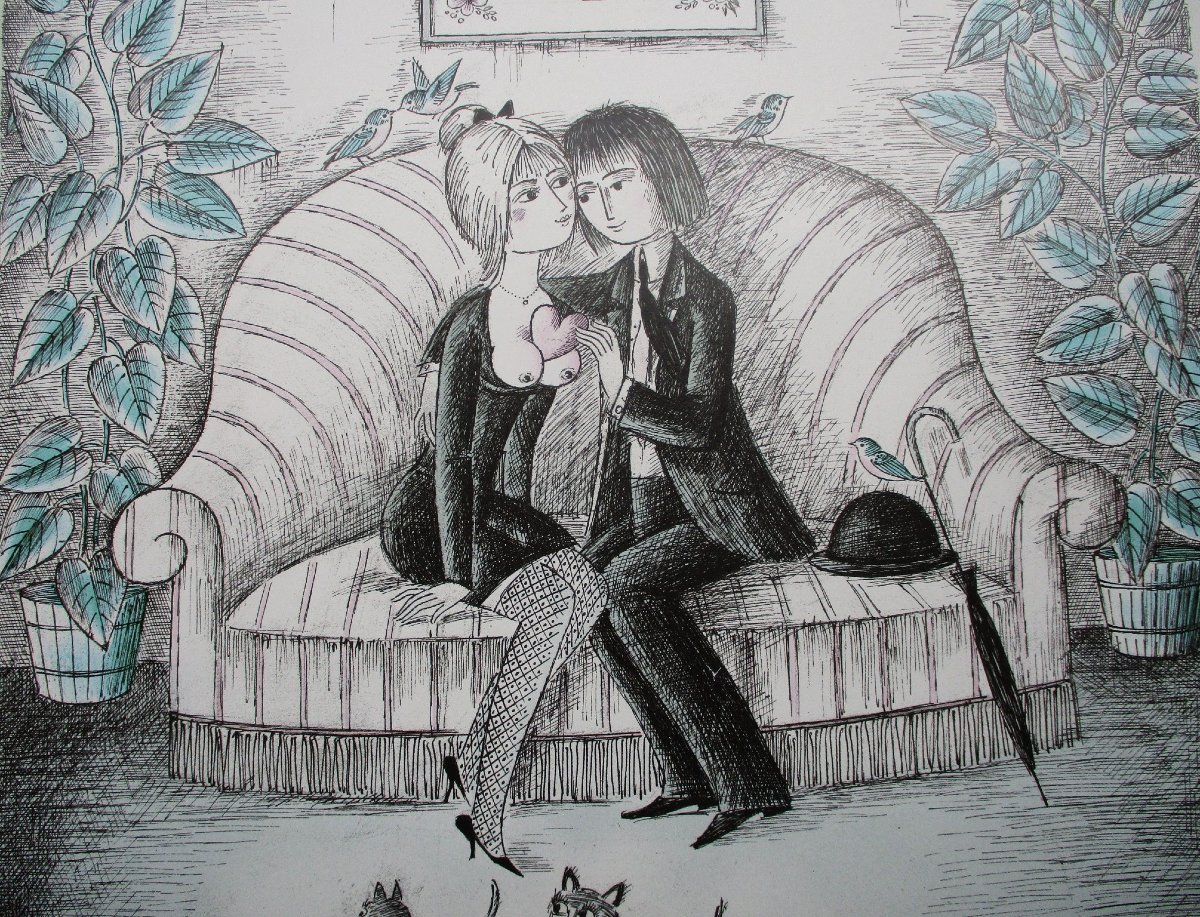 Raymond Peynet Lithograph Signed And Numbered Les Amoureux De Valence Tableau 1985.-photo-3