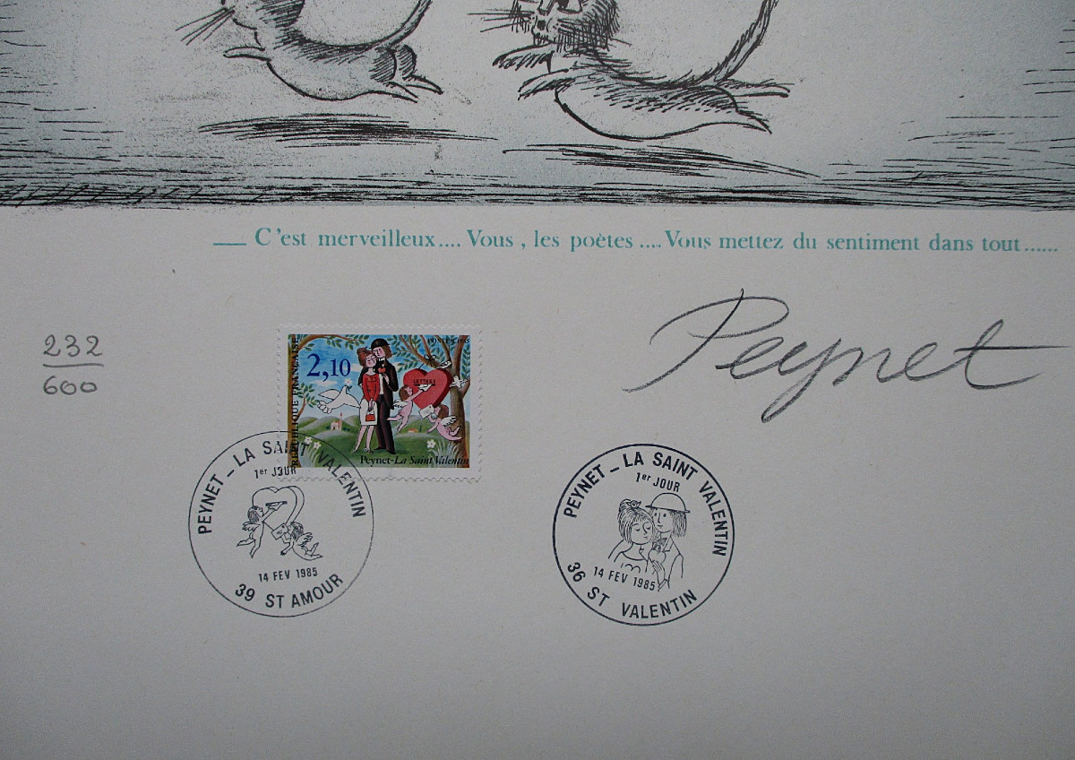 Raymond Peynet Lithograph Signed And Numbered Les Amoureux De Valence Tableau 1985.-photo-4