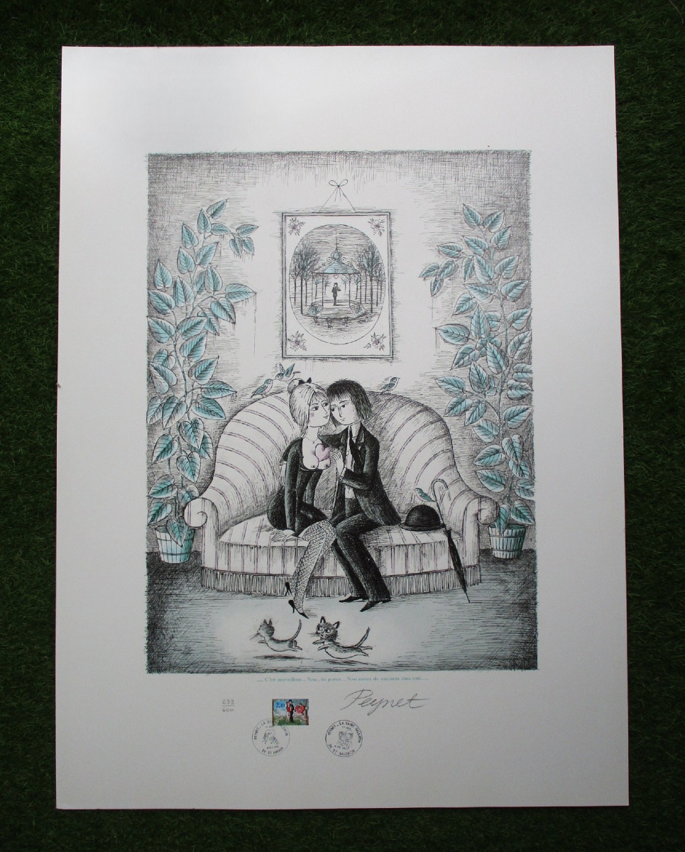 Raymond Peynet Lithograph Signed And Numbered Les Amoureux De Valence Tableau 1985.