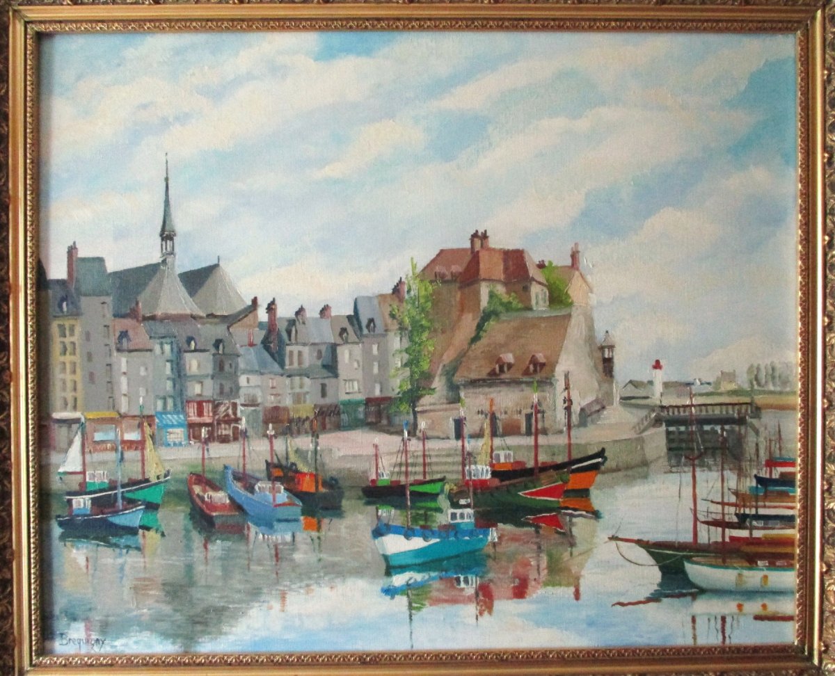 Claude Brequigny Honfleur Le port Calvados Normandie huile sur toile beau tableau signé marine.-photo-2