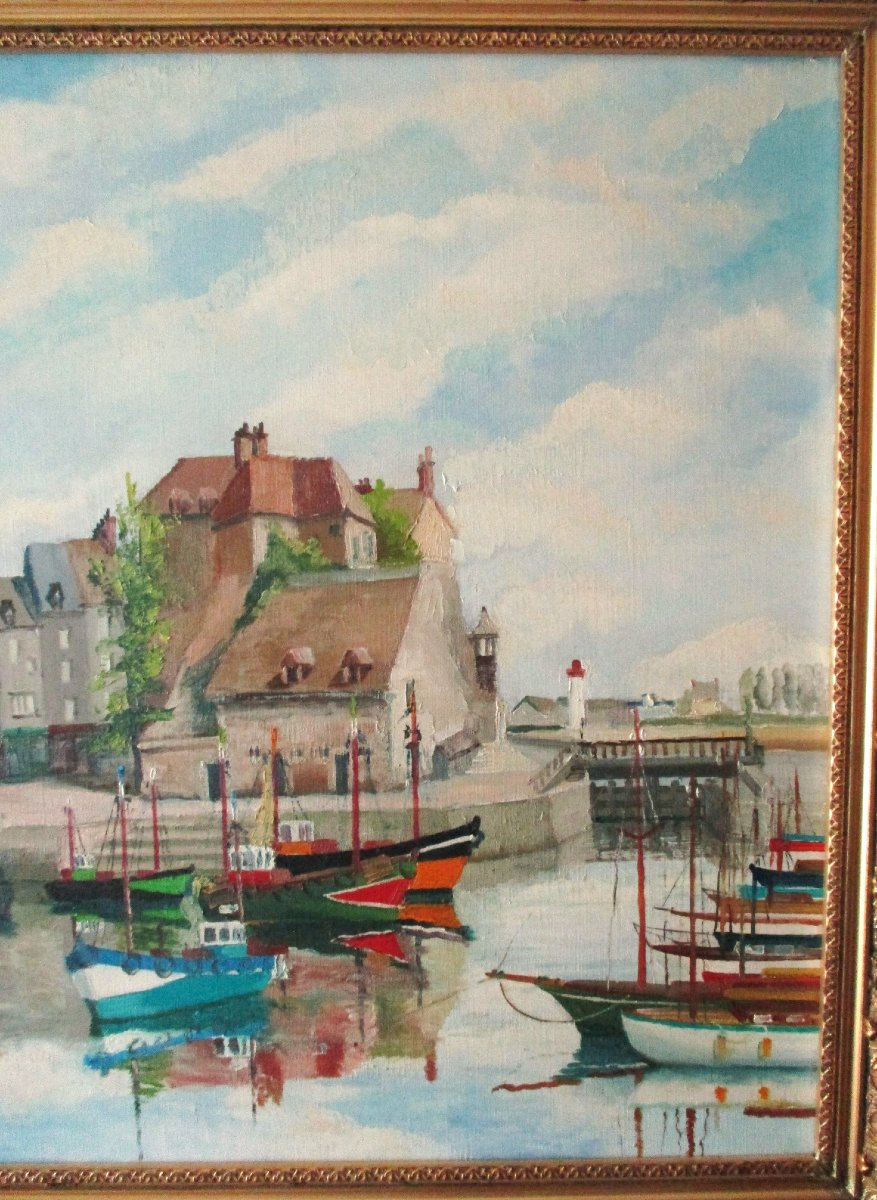 Claude Brequigny Honfleur Le port Calvados Normandie huile sur toile beau tableau signé marine.-photo-1