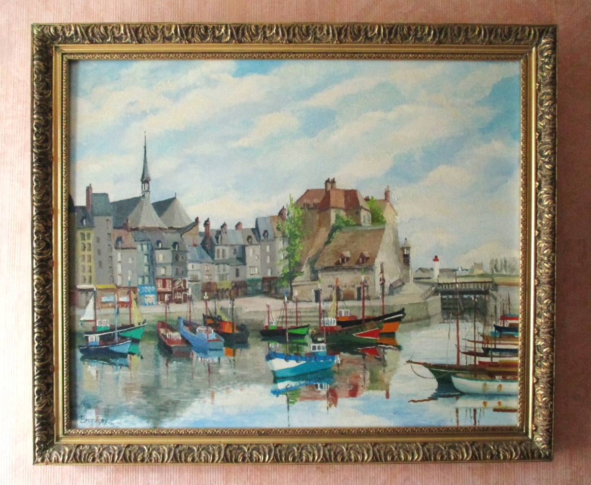 Claude Brequigny Honfleur Le port Calvados Normandie huile sur toile beau tableau signé marine.