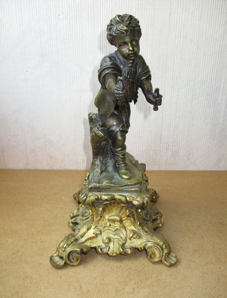 Beautiful 19th-century Bronze Sculpture Of A Boy Child With Birds On A Pedestal. Height: 28 Cm.-photo-4