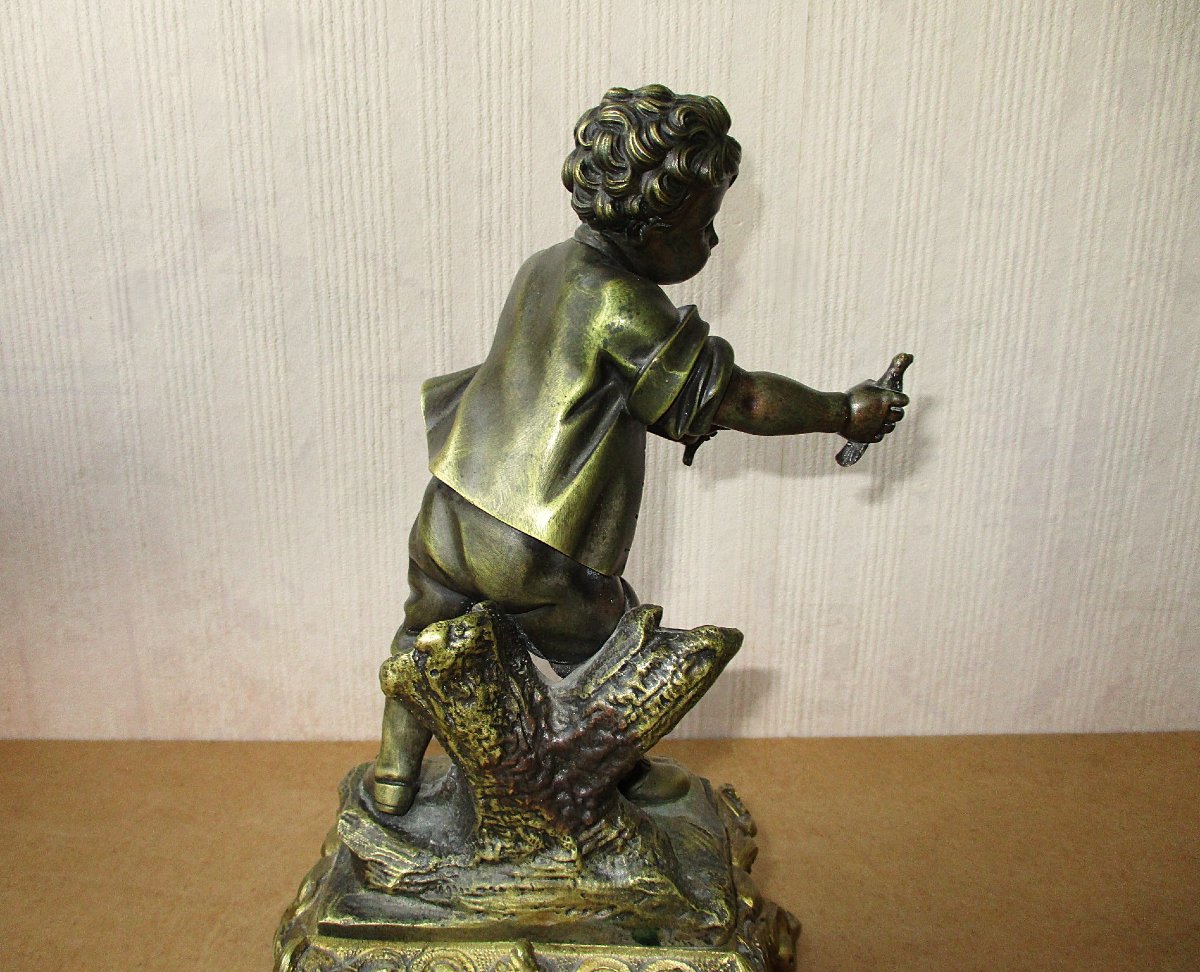 Beautiful 19th-century Bronze Sculpture Of A Boy Child With Birds On A Pedestal. Height: 28 Cm.-photo-7