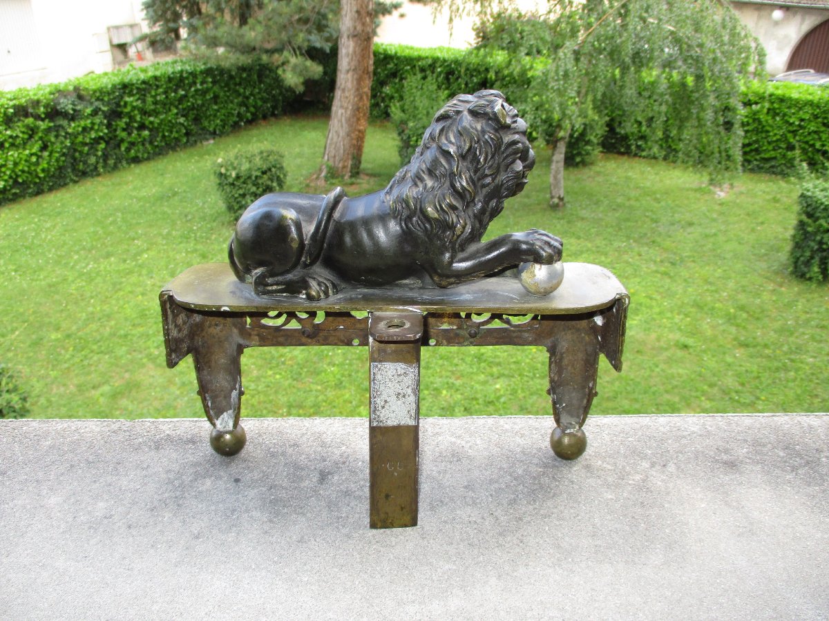 Beautiful Double Patina Bronze Chenet Head Representing A Reclining Medici Lion From The 19th Century.-photo-2