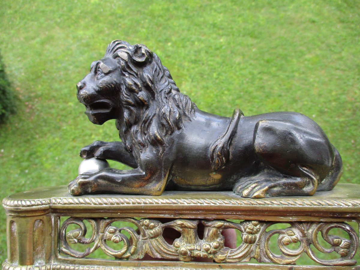 Beautiful Double Patina Bronze Chenet Head Representing A Reclining Medici Lion From The 19th Century.-photo-4