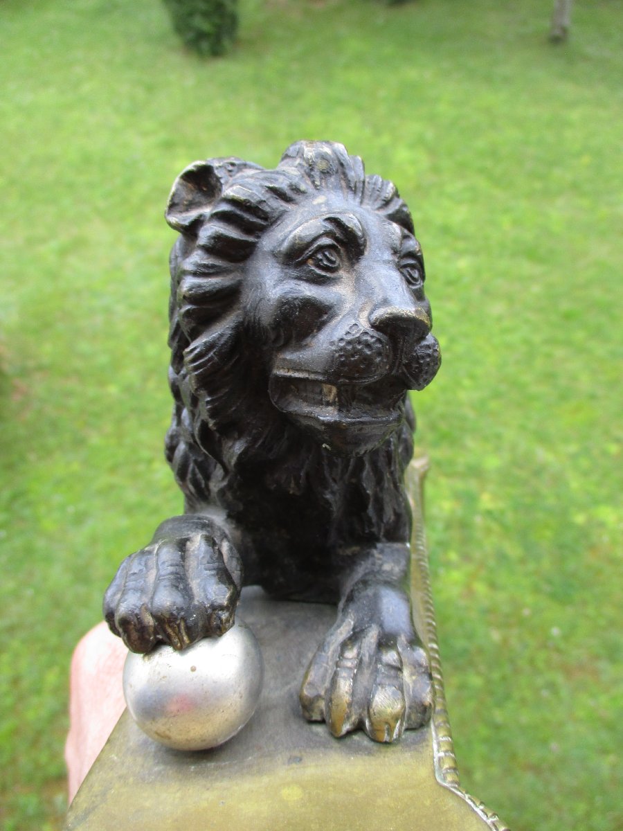 Beautiful Double Patina Bronze Chenet Head Representing A Reclining Medici Lion From The 19th Century.-photo-3