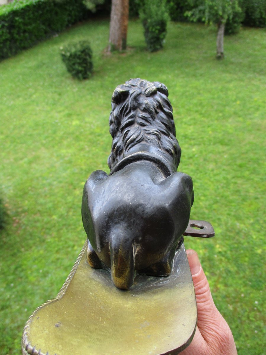 Beautiful Double Patina Bronze Chenet Head Representing A Reclining Medici Lion From The 19th Century.-photo-5