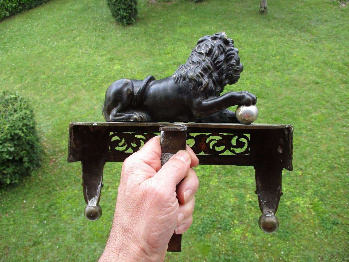 Beautiful Double Patina Bronze Chenet Head Representing A Reclining Medici Lion From The 19th Century.-photo-6