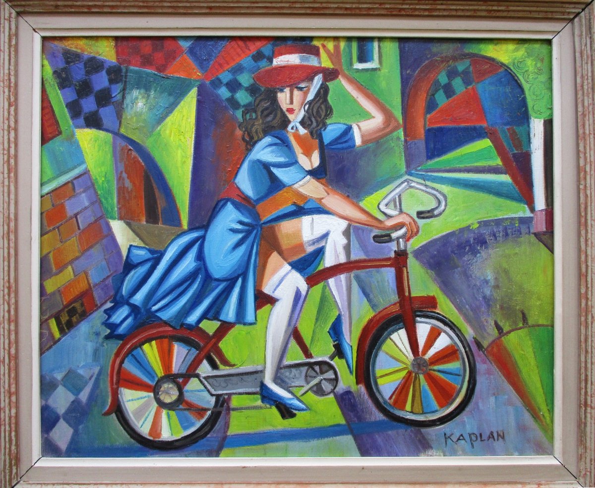 Isaac Kaplan, huile sur toile signée, tableau cubiste prêt à être posé. Jeune femme au vélo.-photo-2