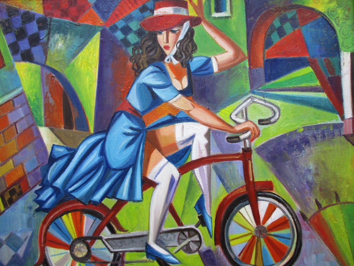 Isaac Kaplan, huile sur toile signée, tableau cubiste prêt à être posé. Jeune femme au vélo.-photo-4