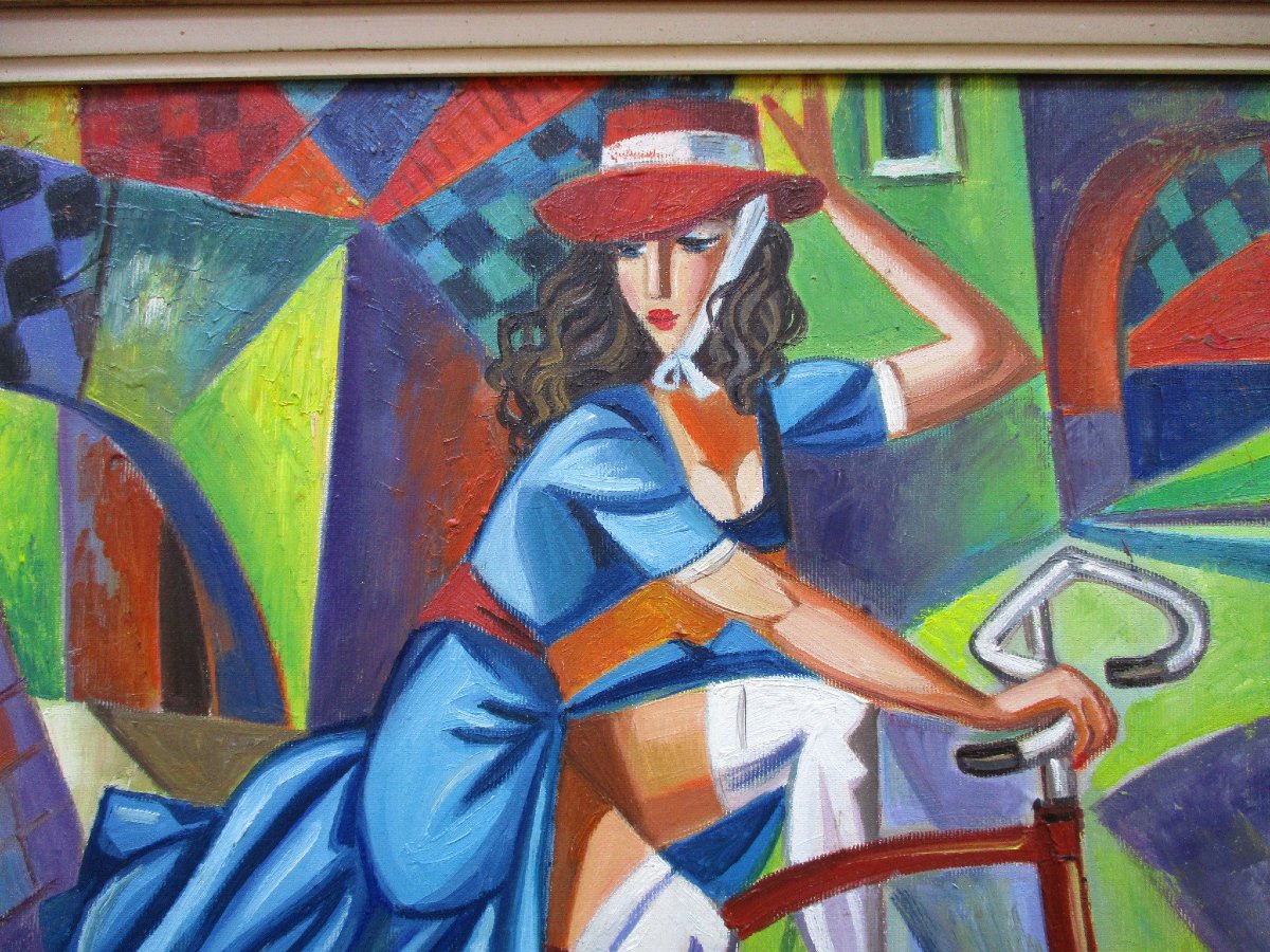 Isaac Kaplan, huile sur toile signée, tableau cubiste prêt à être posé. Jeune femme au vélo.-photo-1