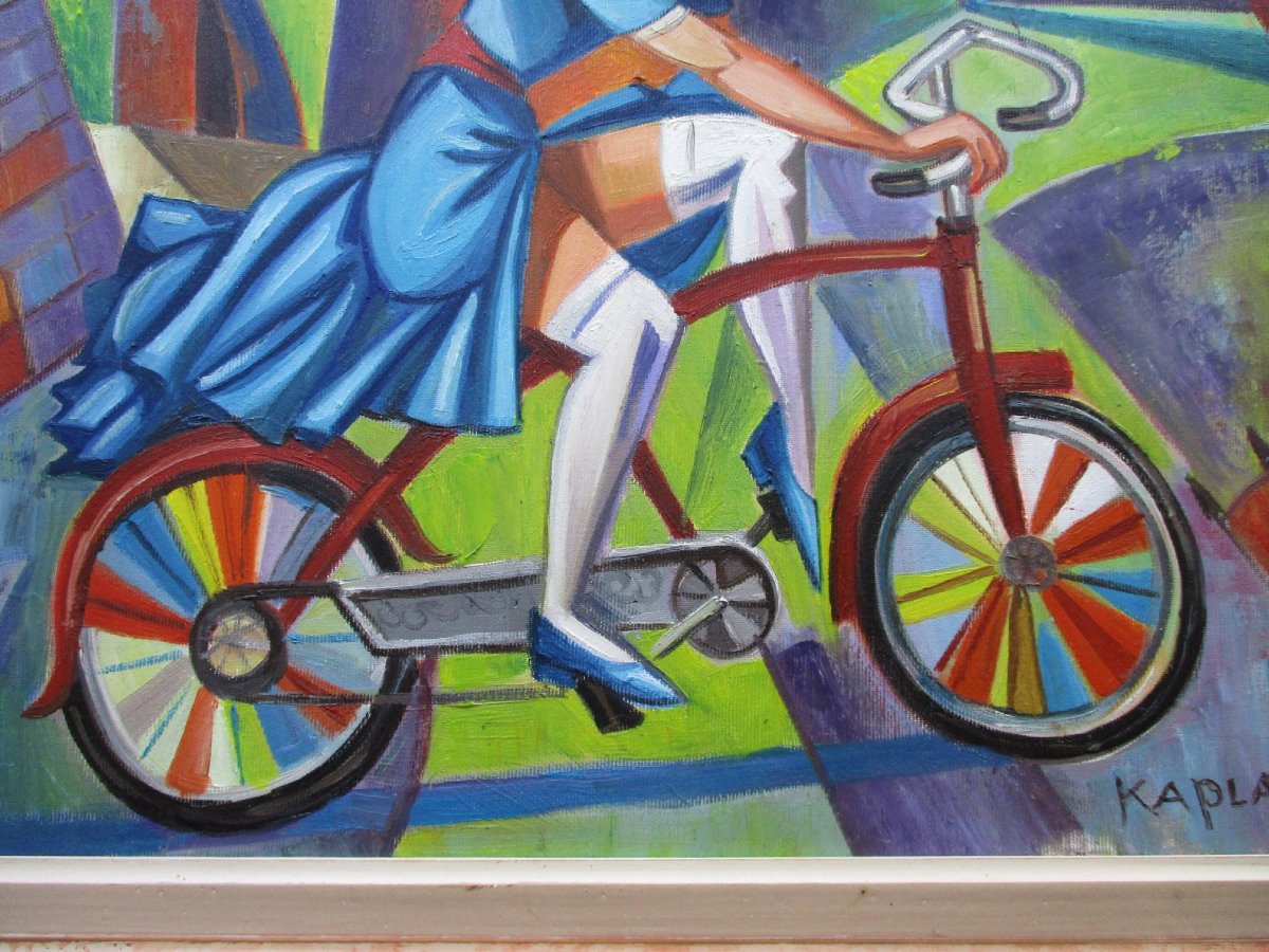 Isaac Kaplan, huile sur toile signée, tableau cubiste prêt à être posé. Jeune femme au vélo.-photo-2