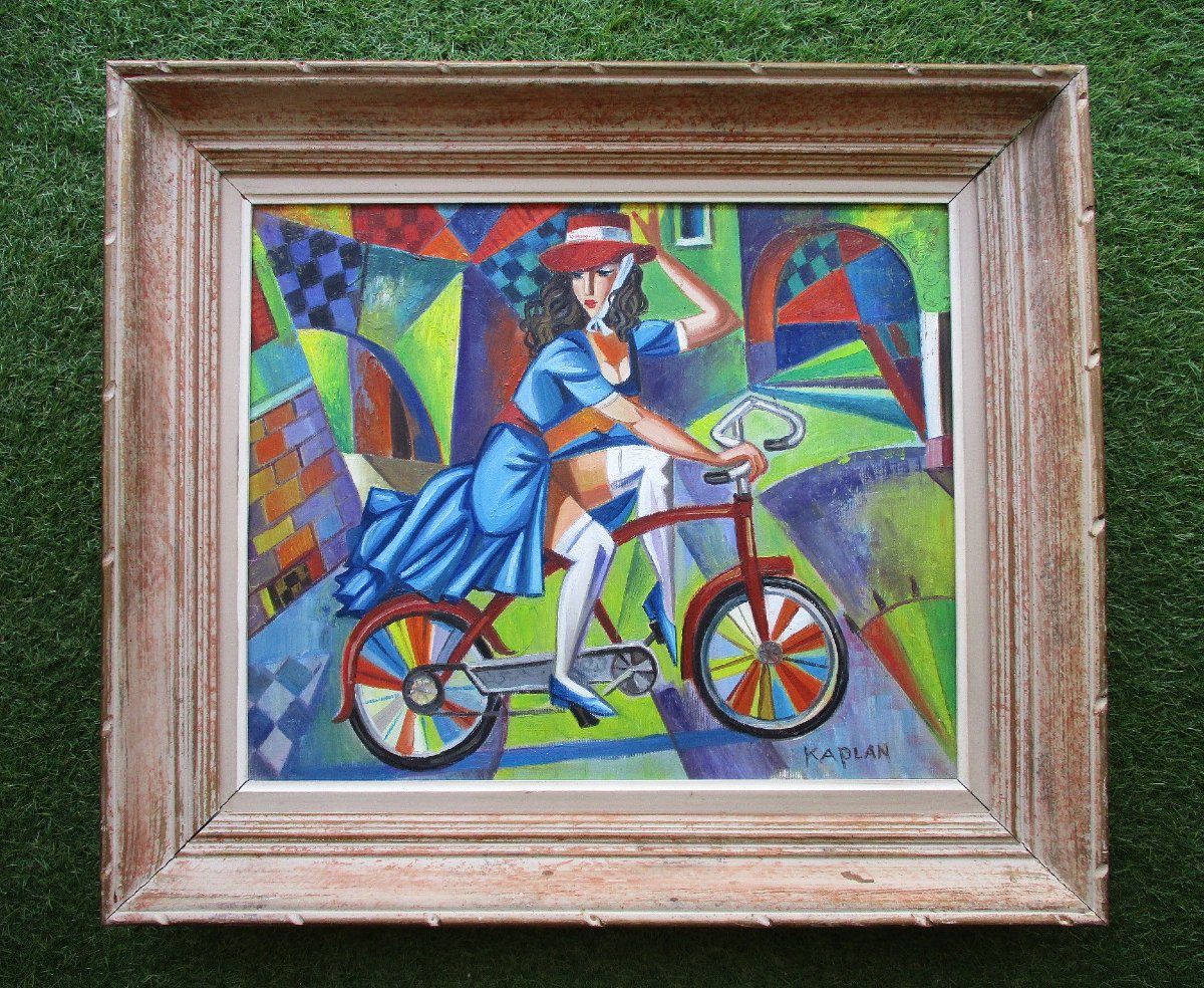 Isaac Kaplan, huile sur toile signée, tableau cubiste prêt à être posé. Jeune femme au vélo.