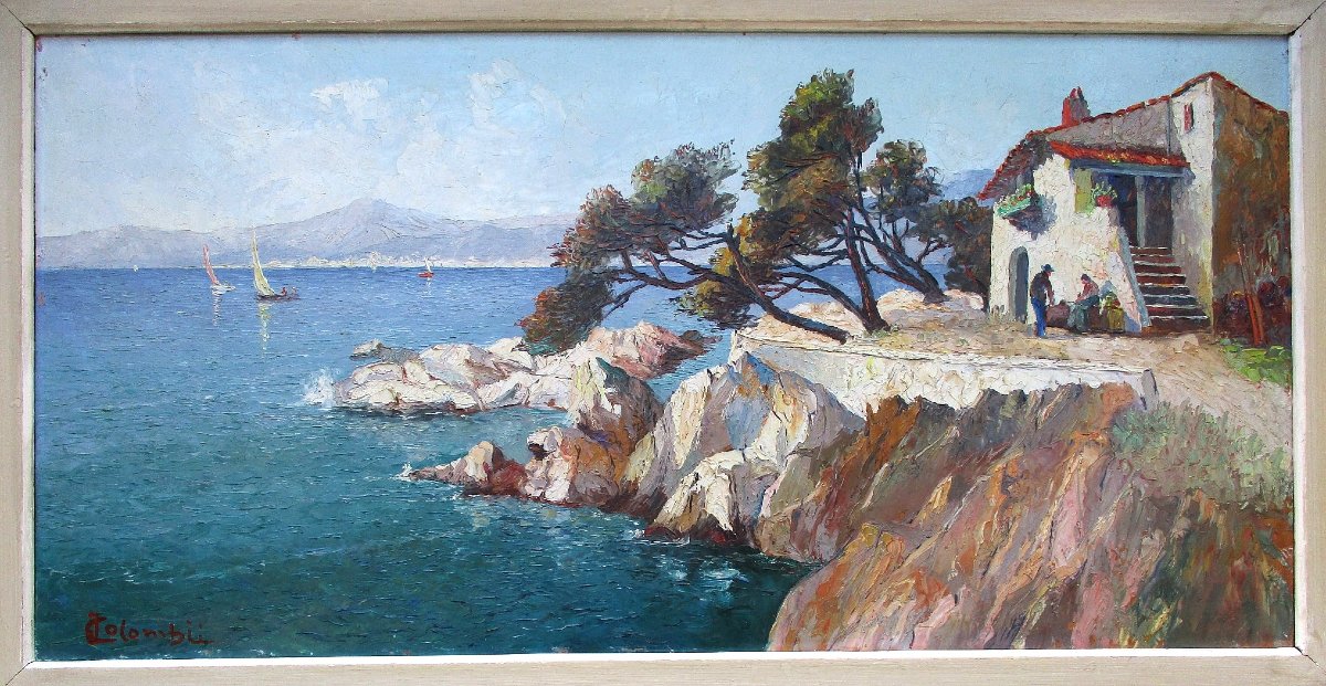 Joseph Colombini, grande huile sur isorel, tableau Martigues Marseille marine signée vers 1940.-photo-2