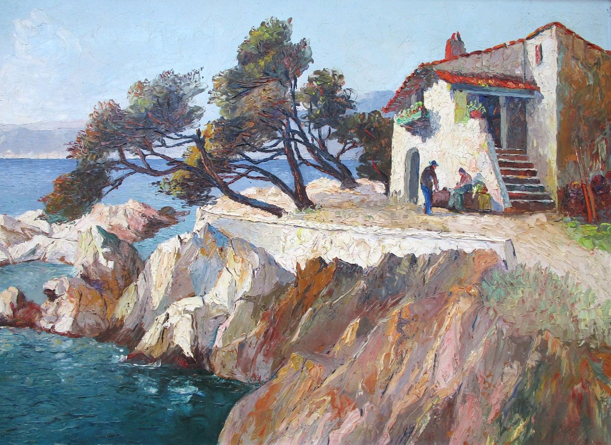 Joseph Colombini, grande huile sur isorel, tableau Martigues Marseille marine signée vers 1940.-photo-1