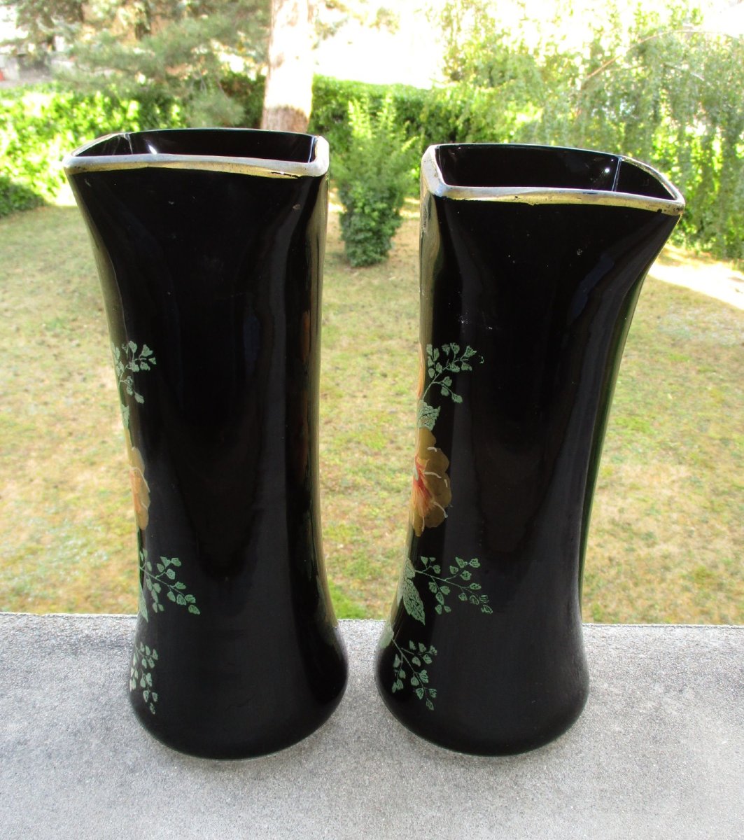 Belle paire de vases Art Nouveau à décor de fleurs d'hibiscus ou roses trémières Legras.-photo-4
