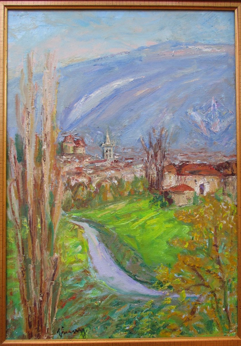 Jean Vinay, grande huile sur toile Saint-Marcellin en 1977 vercors Isère tableau de montagne.-photo-2
