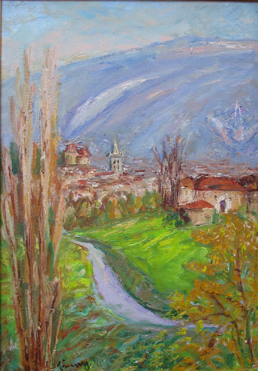 Jean Vinay, grande huile sur toile Saint-Marcellin en 1977 vercors Isère tableau de montagne.-photo-3