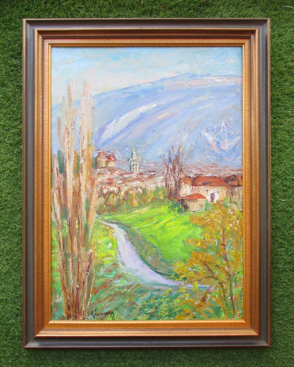 Jean Vinay, grande huile sur toile Saint-Marcellin en 1977 vercors Isère tableau de montagne.
