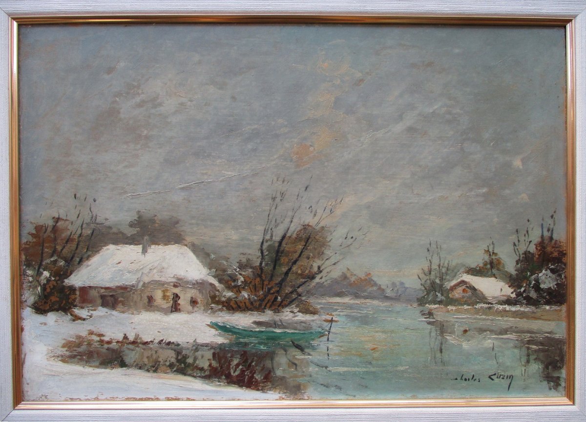 Charles Cuzin, A Beautiful Snowy Landscape Painting Featuring A Boat And A Mountain In Savoie, Aix-les-bains.-photo-2