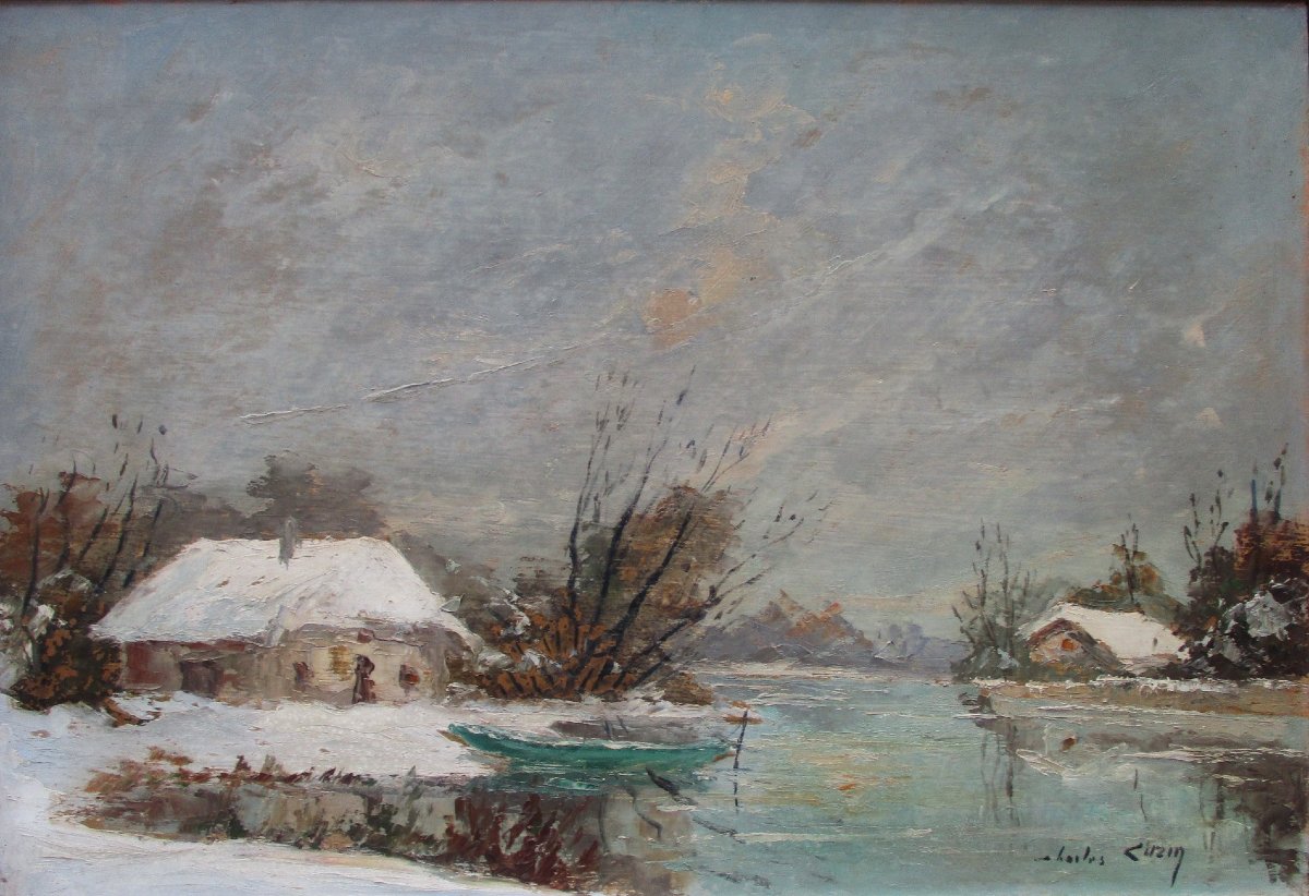 Charles Cuzin, A Beautiful Snowy Landscape Painting Featuring A Boat And A Mountain In Savoie, Aix-les-bains.-photo-3
