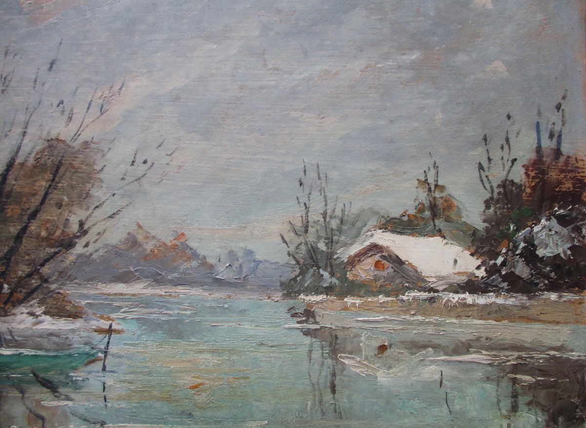 Charles Cuzin, A Beautiful Snowy Landscape Painting Featuring A Boat And A Mountain In Savoie, Aix-les-bains.-photo-1