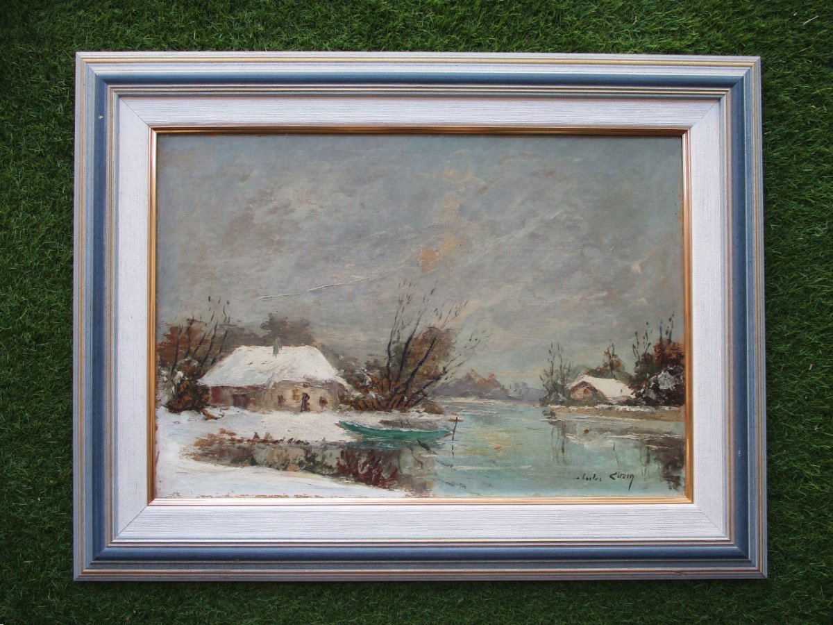 Charles Cuzin, A Beautiful Snowy Landscape Painting Featuring A Boat And A Mountain In Savoie, Aix-les-bains.