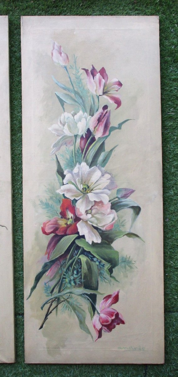 Pair Of Large Oil-on-canvas Flower Paintings, Signed, Art Nouveau Decorative Panels, 1900-photo-2