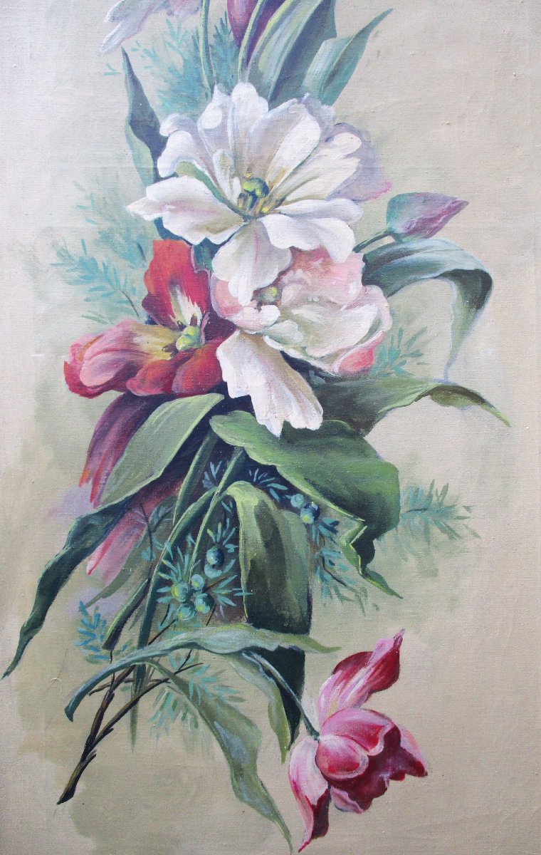 Pair Of Large Oil-on-canvas Flower Paintings, Signed, Art Nouveau Decorative Panels, 1900-photo-4