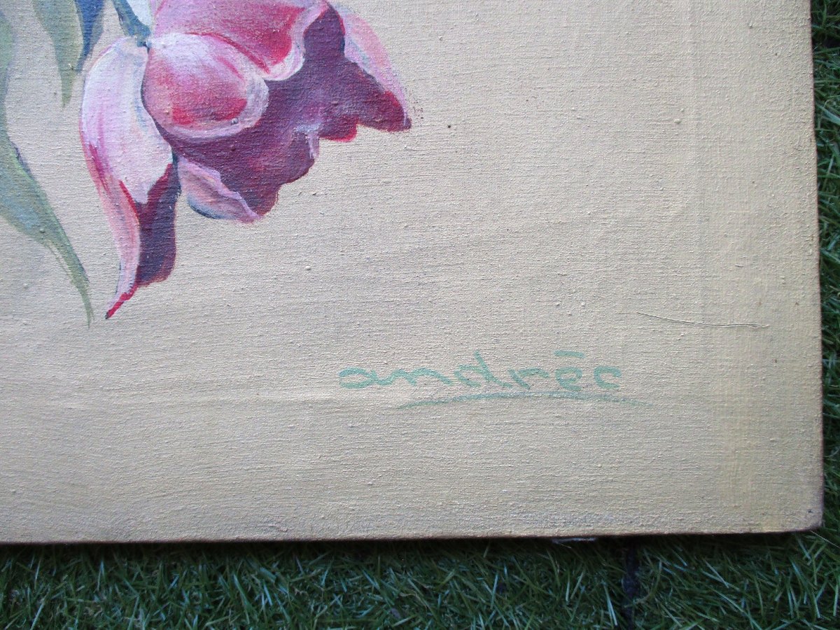 Pair Of Large Oil-on-canvas Flower Paintings, Signed, Art Nouveau Decorative Panels, 1900-photo-1