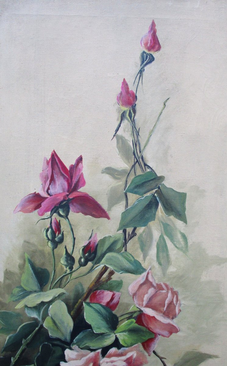Pair Of Large Oil-on-canvas Flower Paintings, Signed, Art Nouveau Decorative Panels, 1900-photo-3