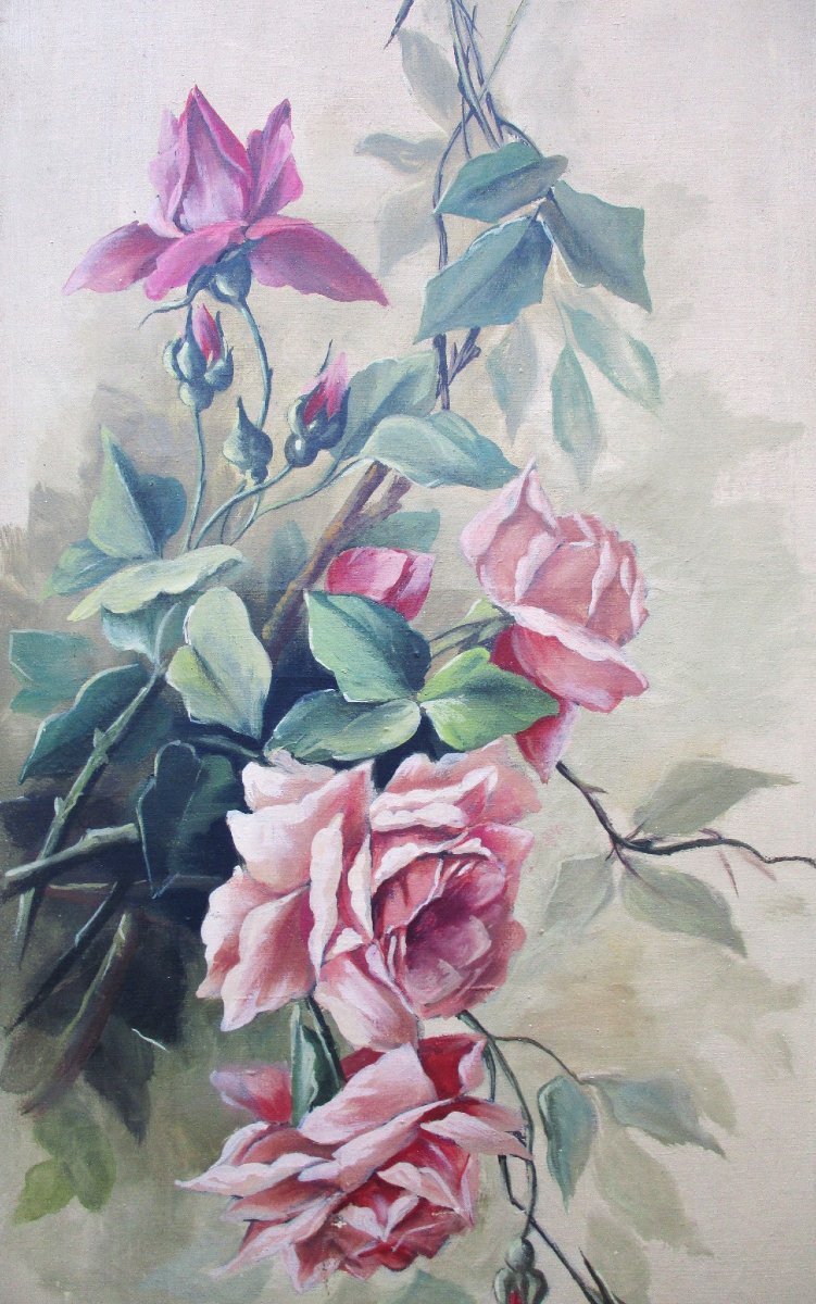 Pair Of Large Oil-on-canvas Flower Paintings, Signed, Art Nouveau Decorative Panels, 1900-photo-4