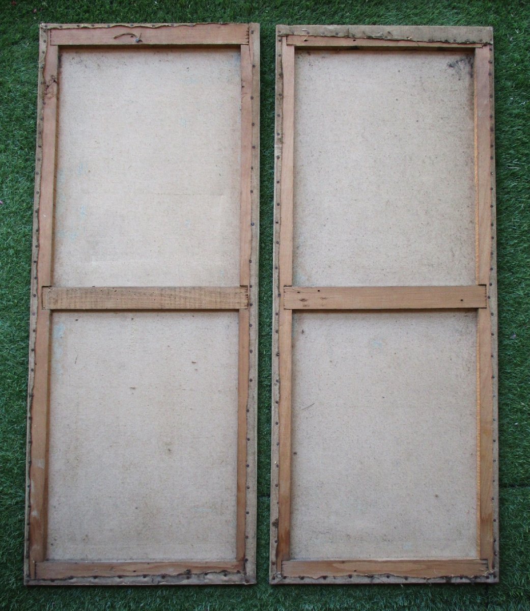 Pair Of Large Oil-on-canvas Flower Paintings, Signed, Art Nouveau Decorative Panels, 1900-photo-6