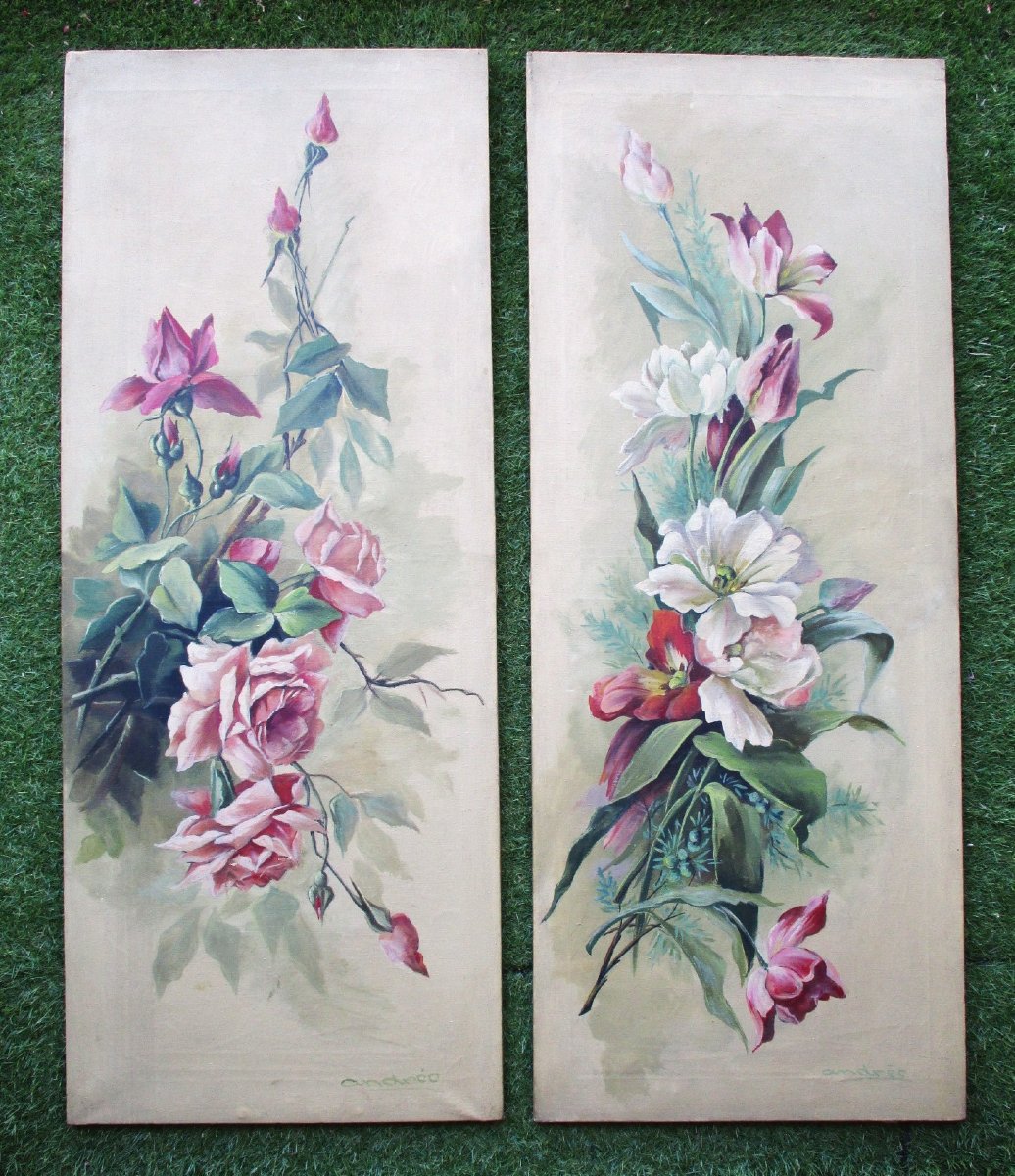 Pair Of Large Oil-on-canvas Flower Paintings, Signed, Art Nouveau Decorative Panels, 1900