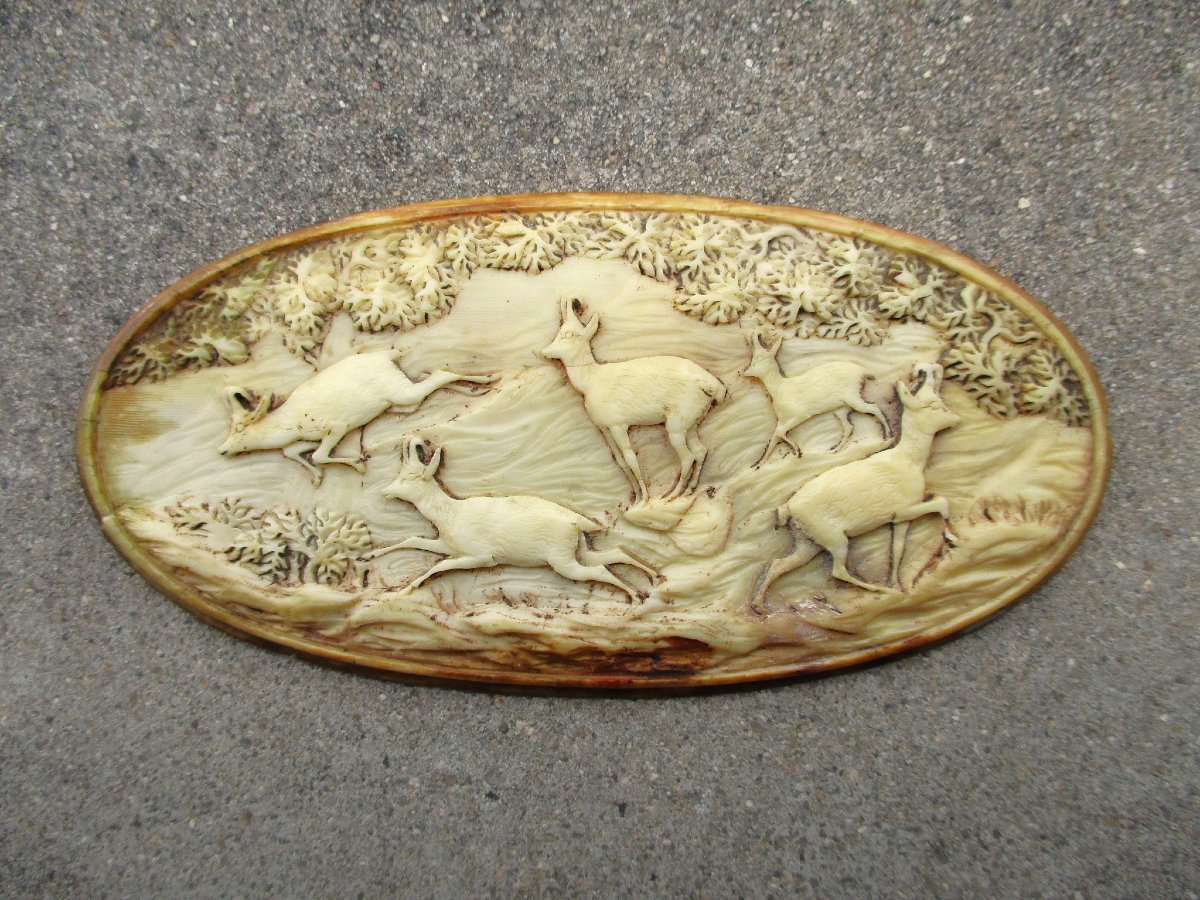 A Beautiful 19th- Or Early 20th-century Bone Plaque, Very Finely Carved With A Hunting Scene Featuring A Chamois; A Collector's Item.