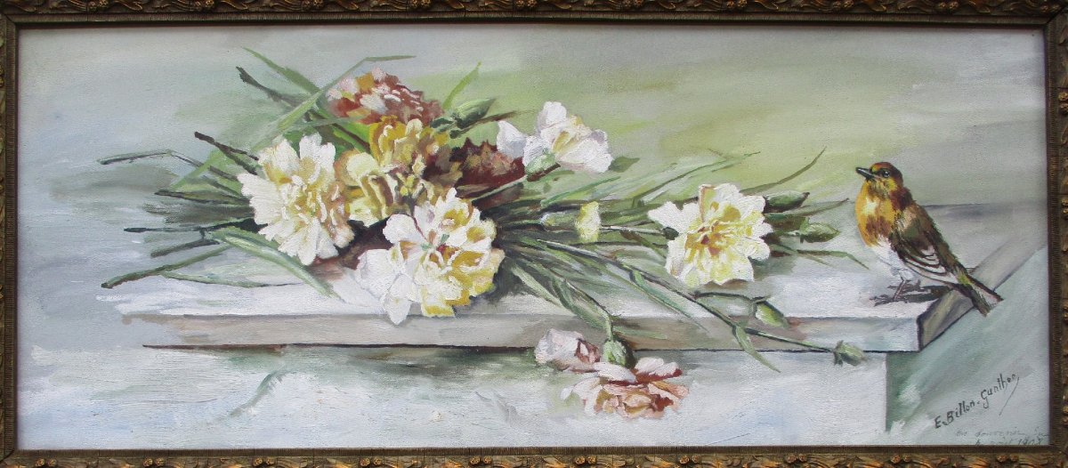 Très beau tableau Art Nouveau signé bouquet d'oeillets et passereau fleurs et oiseau 1908-photo-2